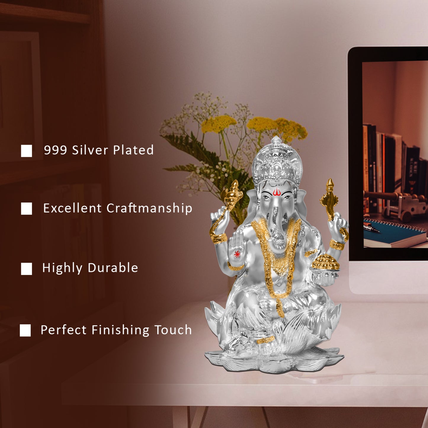 DIVINITI 999 Silver Plated Lord Ganesha Idol | Exquisite Divine Statue for Home Decor, Office, Pooja Room & Gift (18x11.5 CM)