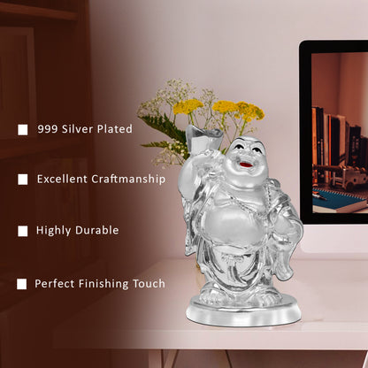 DIVINITI 999 Silver Plated Laughing Buddha Statue For Home Decor, Living Room, Office Desk, Gift (10x6.5 CM)