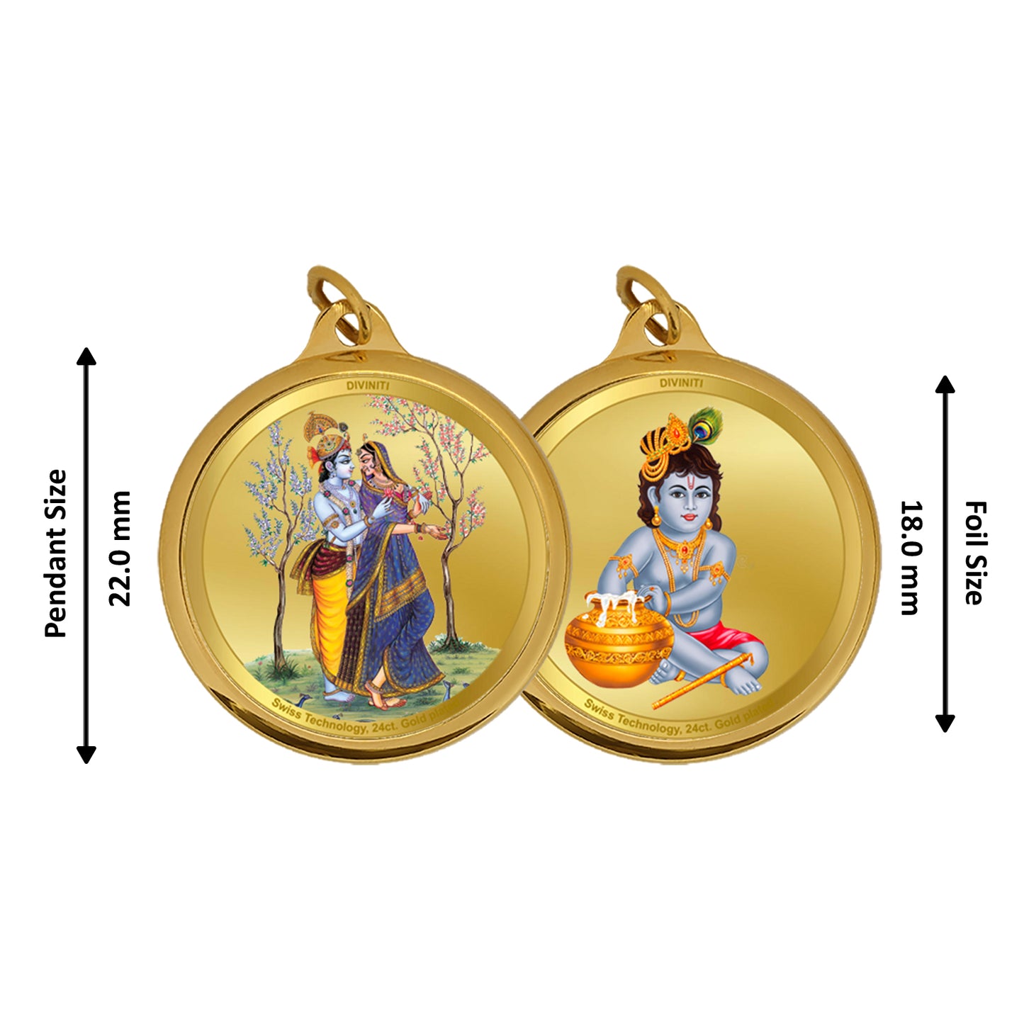 Diviniti 24K Gold Plated Radha Krishna & Bal Gopal 18MM Double Sided Pendant For Men, Women & Kids