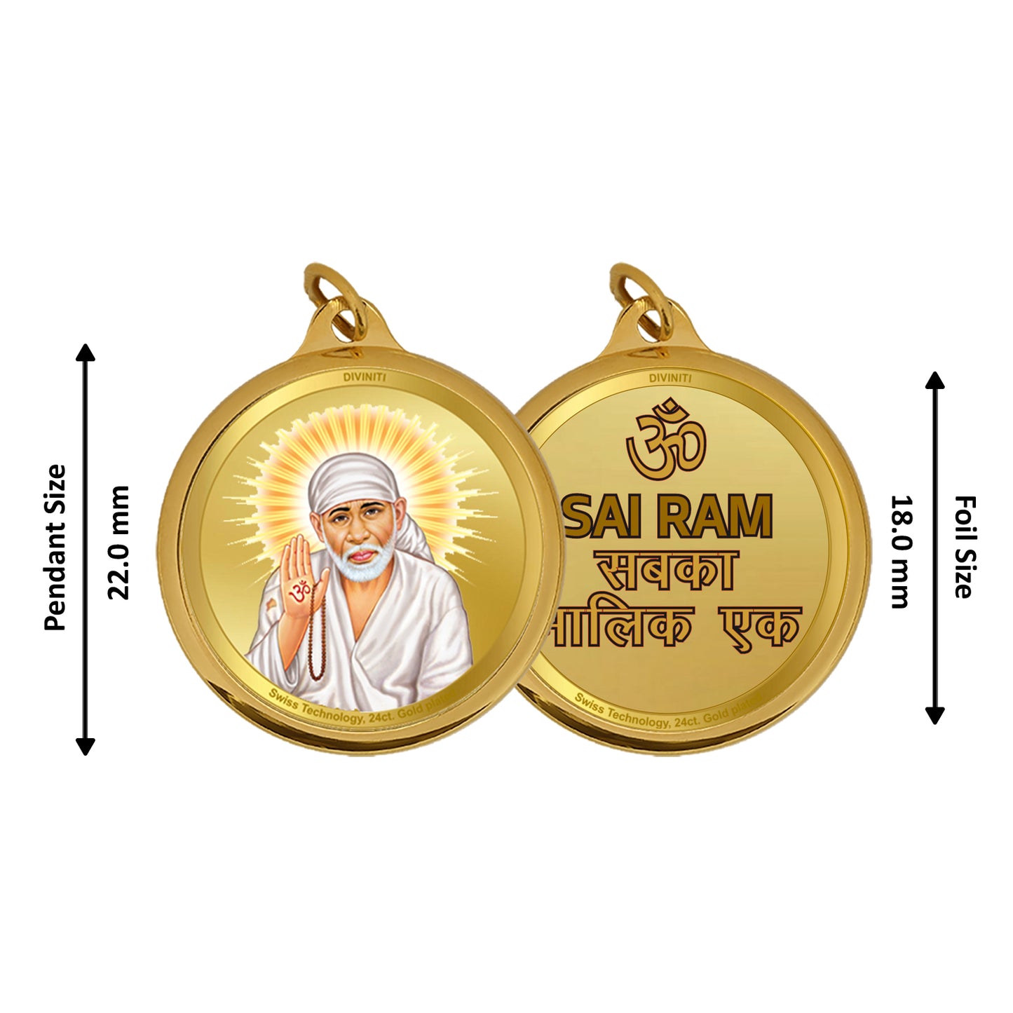 Diviniti 24K Gold Plated Sai Baba & Om 18MM Double Sided Pendant For Men, Women & Kids