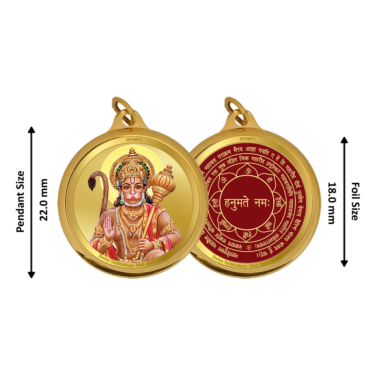 Diviniti 24K Gold Plated Hanuman & Yantra 18MM Double Sided Pendant For Men, Women & Kids