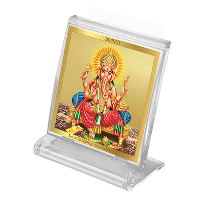 Diviniti 24K Gold Plated Ganesha Acrylic Frame for Car Dashboard, Home Decor, Tabletop, Ganapati Puja Room, Festival Gift ACF3A (5.8x4.8 CM)