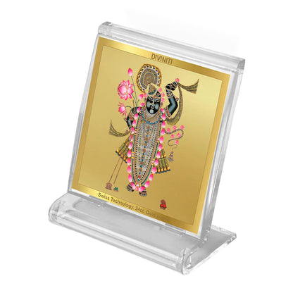 Diviniti 24K Gold Plated Shrinathji Acrylic Frame for Car Dashboard, Home Decor, Tabletop, Puja Room, Festival Gift ACF3A (5.8x4.8 CM)