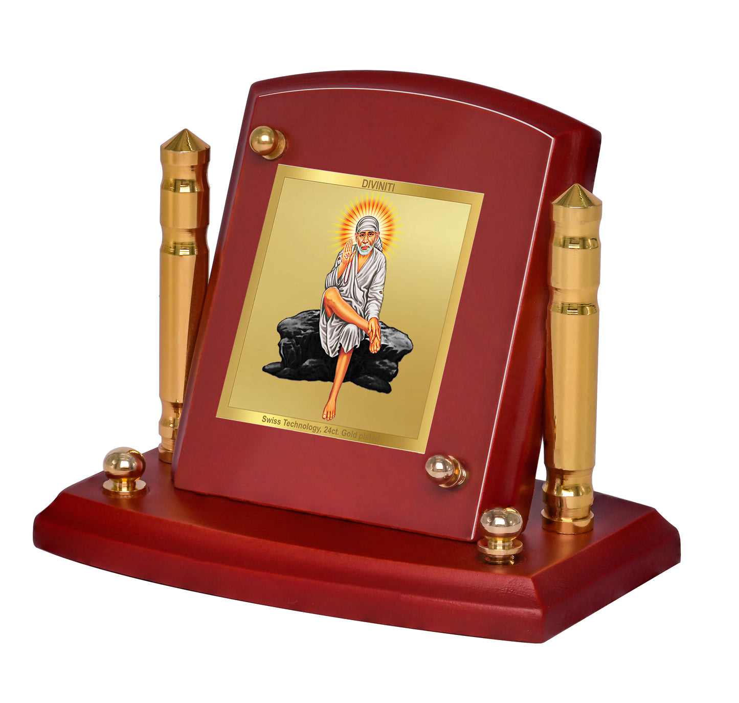 Diviniti 24K Gold Plated Sai Baba Photo Frame for Car Dashboard, Home Decor, Tabletop, Puja Room, Showpiece and Gift  MDF1BP+ (6.5x5.5 CM)