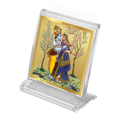 Diviniti 24K Gold Plated Radha Krishna Acrylic Frame for Car Dashboard, Home Decor, Tabletop, Workshop, Festival Gift ACF3A (5.8x4.8 CM)