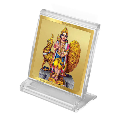 Diviniti 24K Gold Plated Karthikey Acrylic Frame for Car Dashboard, Home Decor, Tabletop, Puja Room, Festival Gift ACF3A (5.8x4.8 CM)