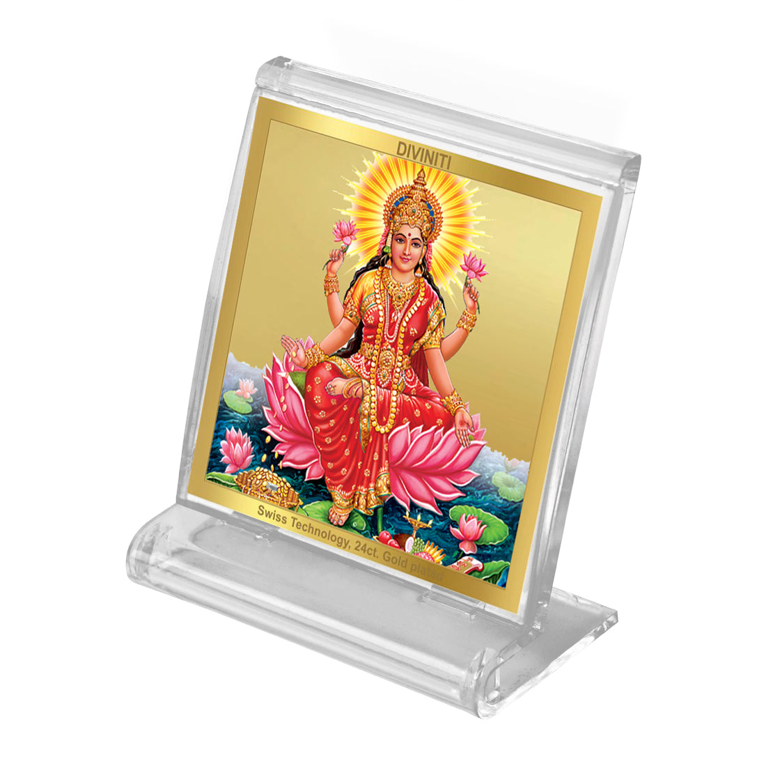 Diviniti 24K Gold Plated Lakshmi Acrylic Frame for Car Dashboard, Home Decor, Tabletop, Puja Room, Festival Gift ACF3A (5.8x4.8 CM)