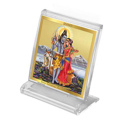 Diviniti 24K Gold Plated Shiv Parvati Acrylic Frame for Car Dashboard, Home Decor, Tabletop, Puja Room, Festival Gift ACF3A (5.8x4.8 CM)