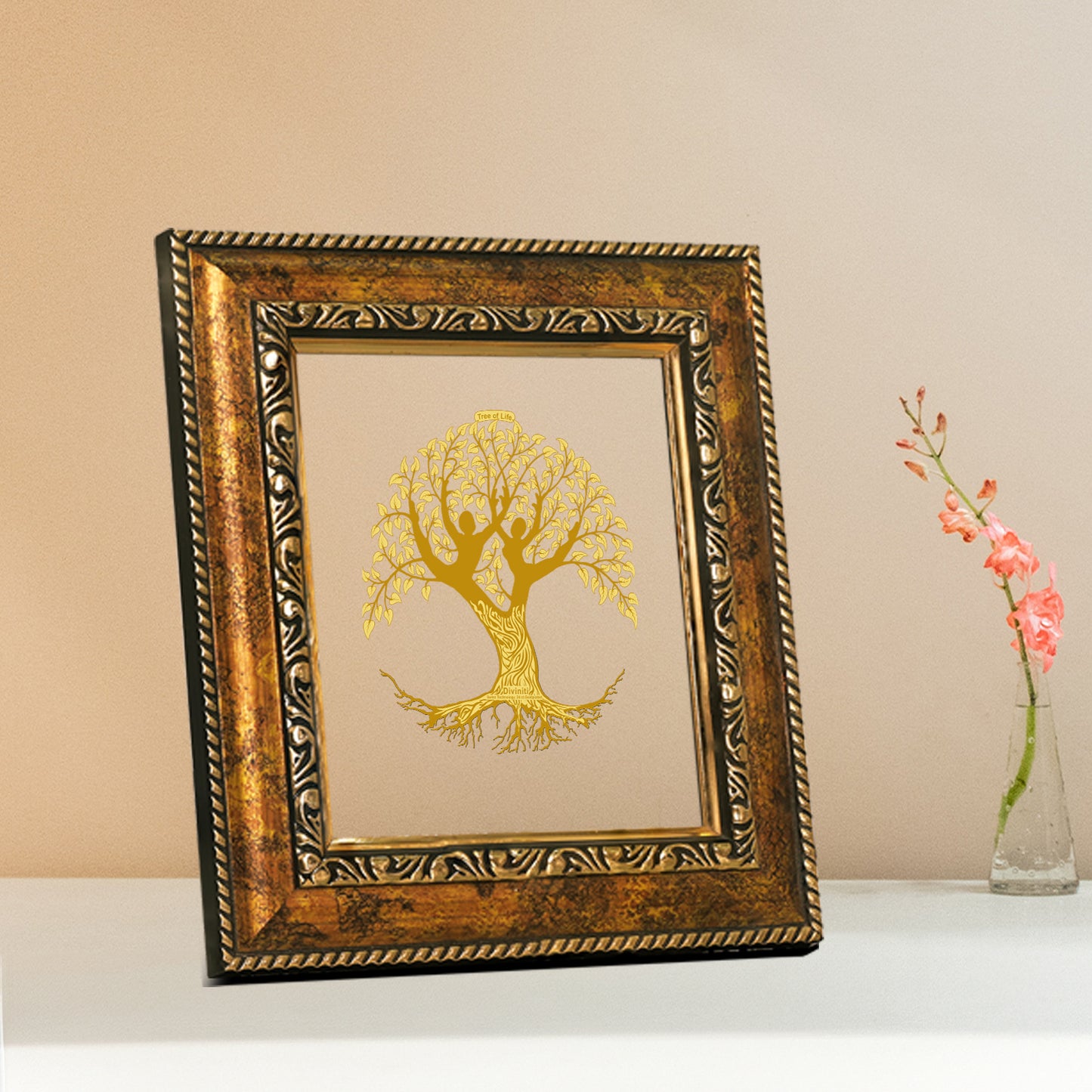 DIVINITI 24K Gold Plated Tree Of Life Wooden Traditional Photo Frame Idol for Home Decor, Table Top, Wall Hanging, Workshop, Premium Gift | DG113 Size 2 (22.6x18.4 CM)