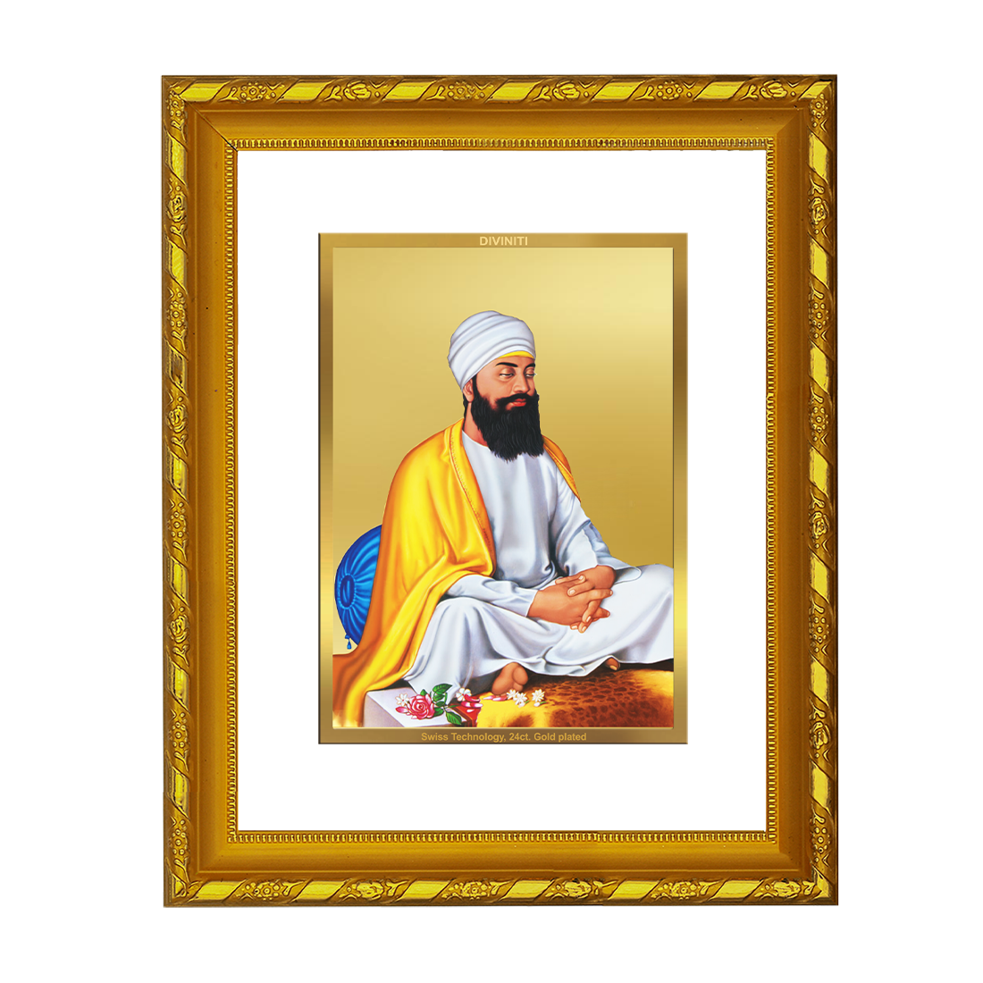 DIVINITI 24K Gold Plated Guru Tegh Bahadur Ji Wooden Traditional Photo Frame Idol for Home Wall Decor, Workshop, Table Top, Premium Gift | DG103 Size 2 (22.6x18.4 CM)