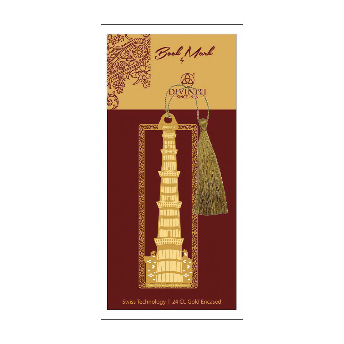 Diviniti 24K Gold Plated Bookmark with String | Design - Qutub Minar | Size -10cm x 4cm|Luxury Gifting