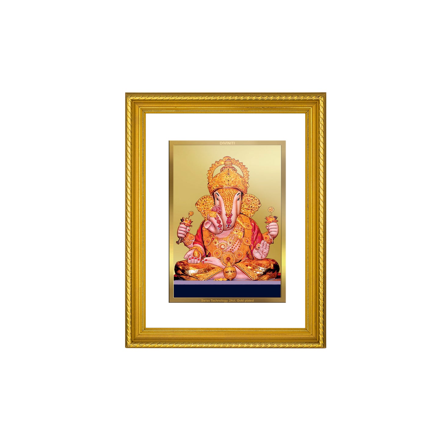 DIVINITI 24K Gold Plated Dagadu Ganesha Wall Photo Frame for Home Decor, Wall Hanging, Table Top, Puja Room & Gift DG056S3 (27.6X35.4 CM)