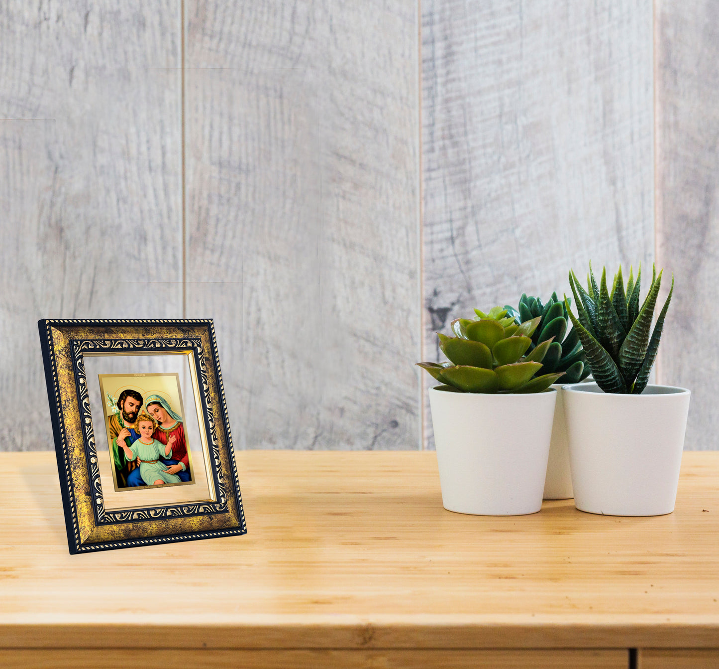 DIVINITI 24K Gold Plated Foil Holy Family Photo Frame for Home Decor, Puja Room, Table Top, Wall Hanging, Workshop, Gift|DG113 Size 2 (22.6x18.4 CM)