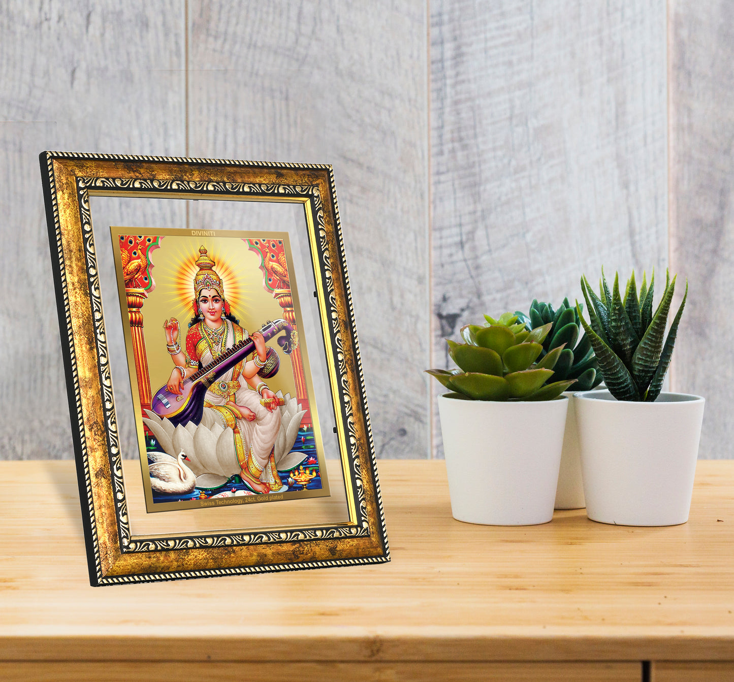 DIVINITI Saraswati Gold Plated Wall Photo Frame, Table Decor| DG Frame 113 Size 2.5 and 24K Gold Plated Foil (29 CM X 23.7 CM)