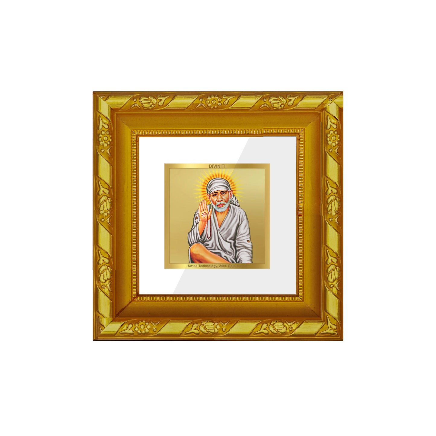 DIVINITI 24K Gold Plated Sai Baba Wooden Classic Wall Photo Frame Idol for Home Decor, Puja Room, Table Top, Workshop, Gifts | DG103S1A (10x10 CM)