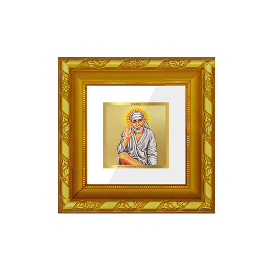 DIVINITI 24K Gold Plated Sai Baba Wooden Classic Wall Photo Frame Idol for Home Decor, Puja Room, Table Top, Workshop, Gifts | DG103S1A (10x10 CM)