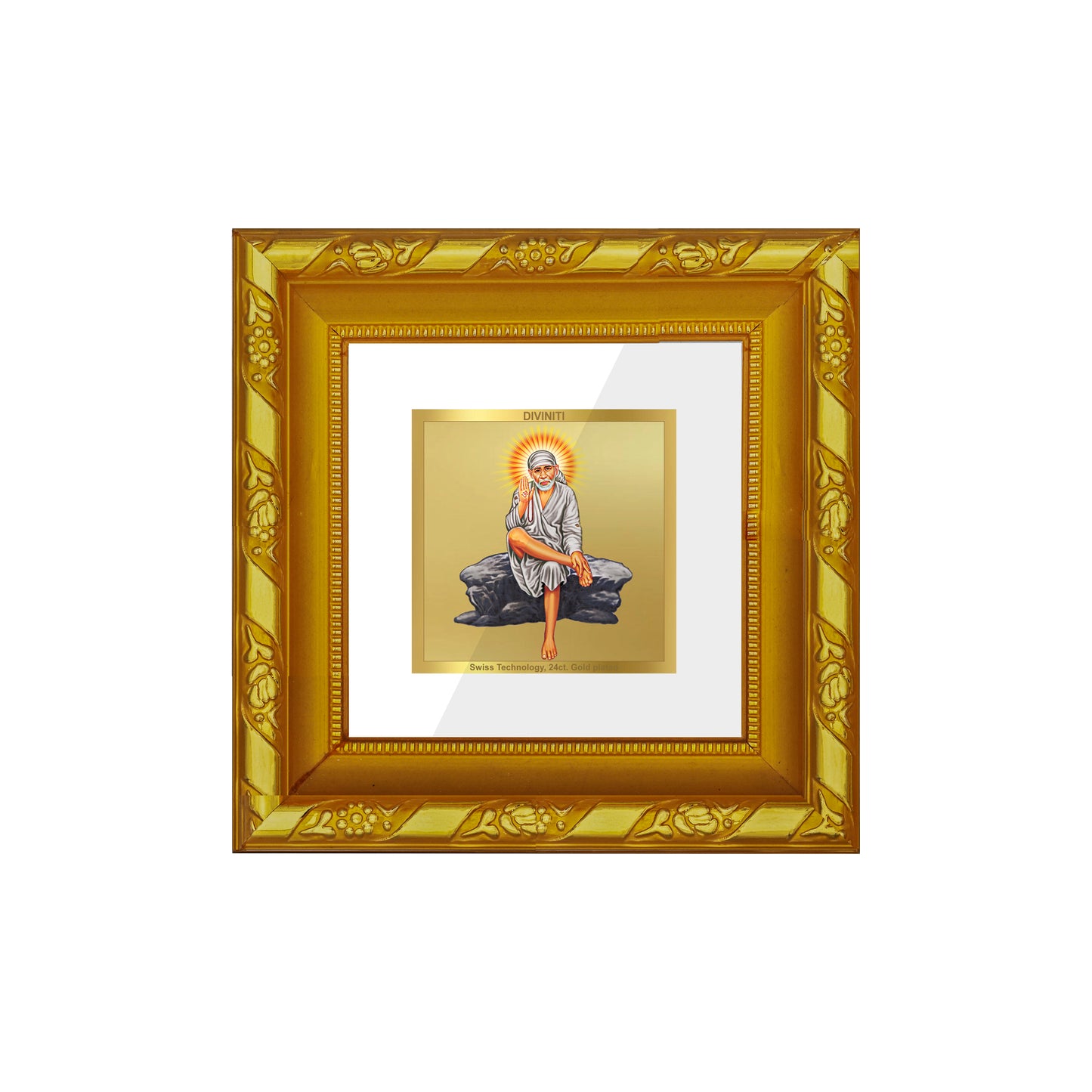 DIVINITI 24K Gold Plated Sai Baba Traditional Photo Frame Idol for Wall Hanging, Table Top, Puja Room, Home Decor, Gifts | DG103S1A (10x10 CM)