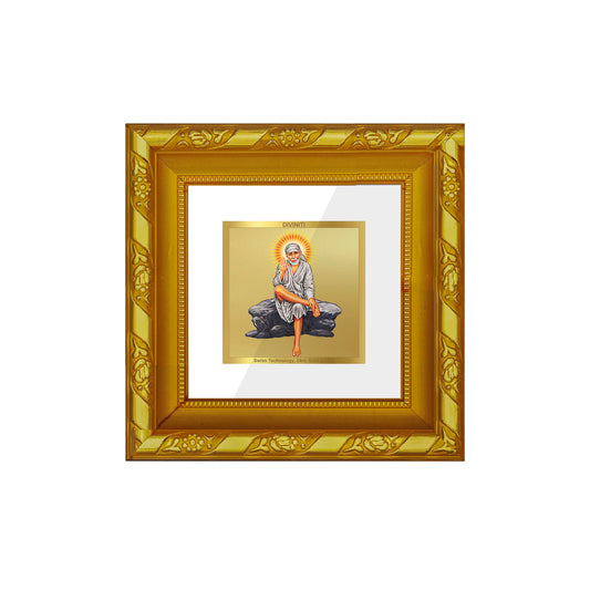 DIVINITI 24K Gold Plated Sai Baba Wooden Traditional Photo Frame Idol for Wall Hanging, Table Top, Puja Room, Home Decor, Gifts | DG103S1A (10x10 CM)