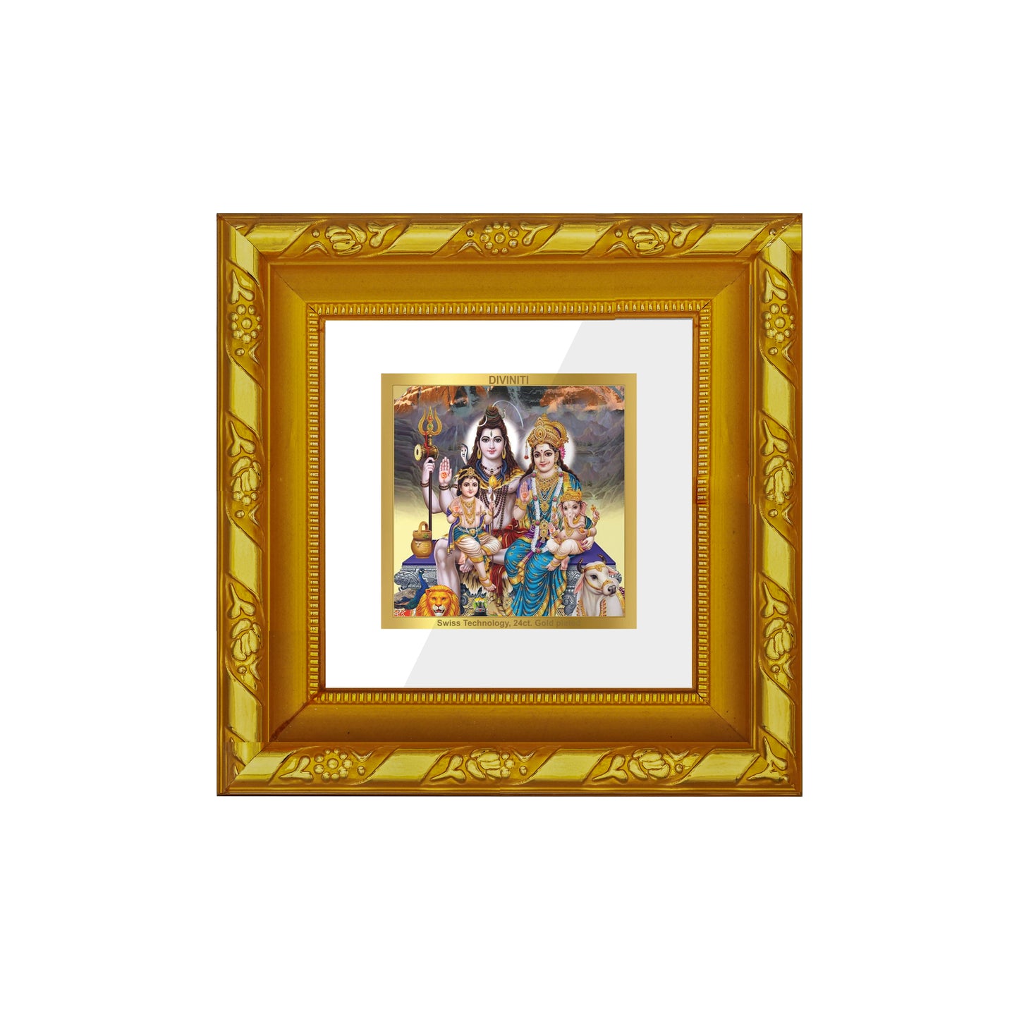 DIVINITI 24K Gold Plated Lord Shiv Parivar Wooden Premium Wall Photo Frame Idol for Puja Room, Table Top, Home Decor, Workshop, Gifts | DG103S1A (10x10 CM)