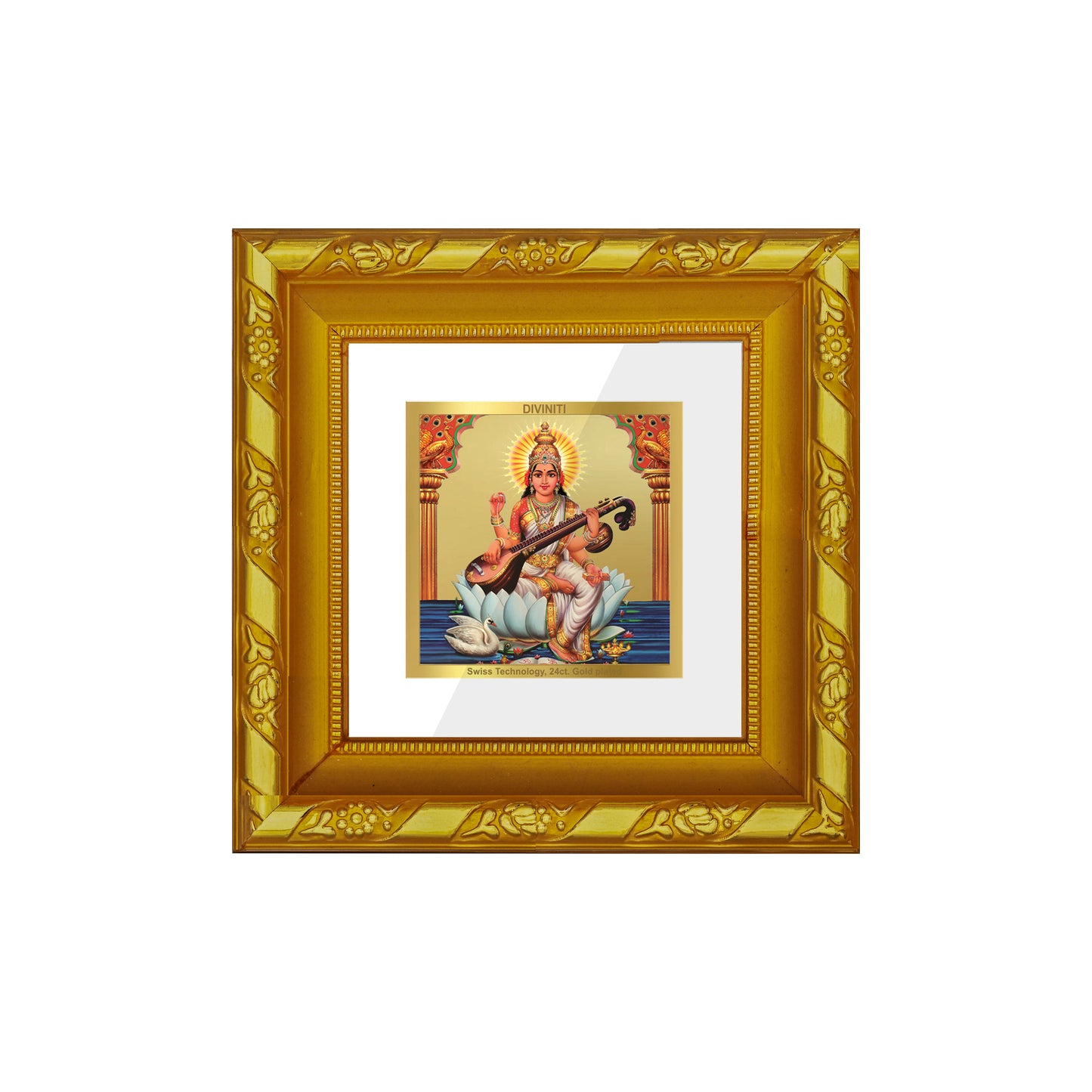 DIVINITI 24K Gold Plated Foil Saraswati Wooden Wall Photo Frame Idol for Puja Room, Study Room, Workshop, Gifts | DG103S1A (10x10 CM)