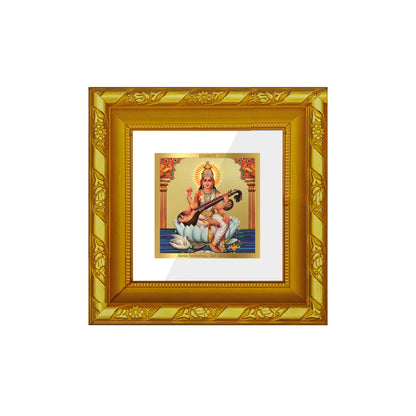 DIVINITI 24K Gold Plated Foil Saraswati Wooden Wall Photo Frame Idol for Puja Room, Study Room, Workshop, Gifts | DG103S1A (10x10 CM)