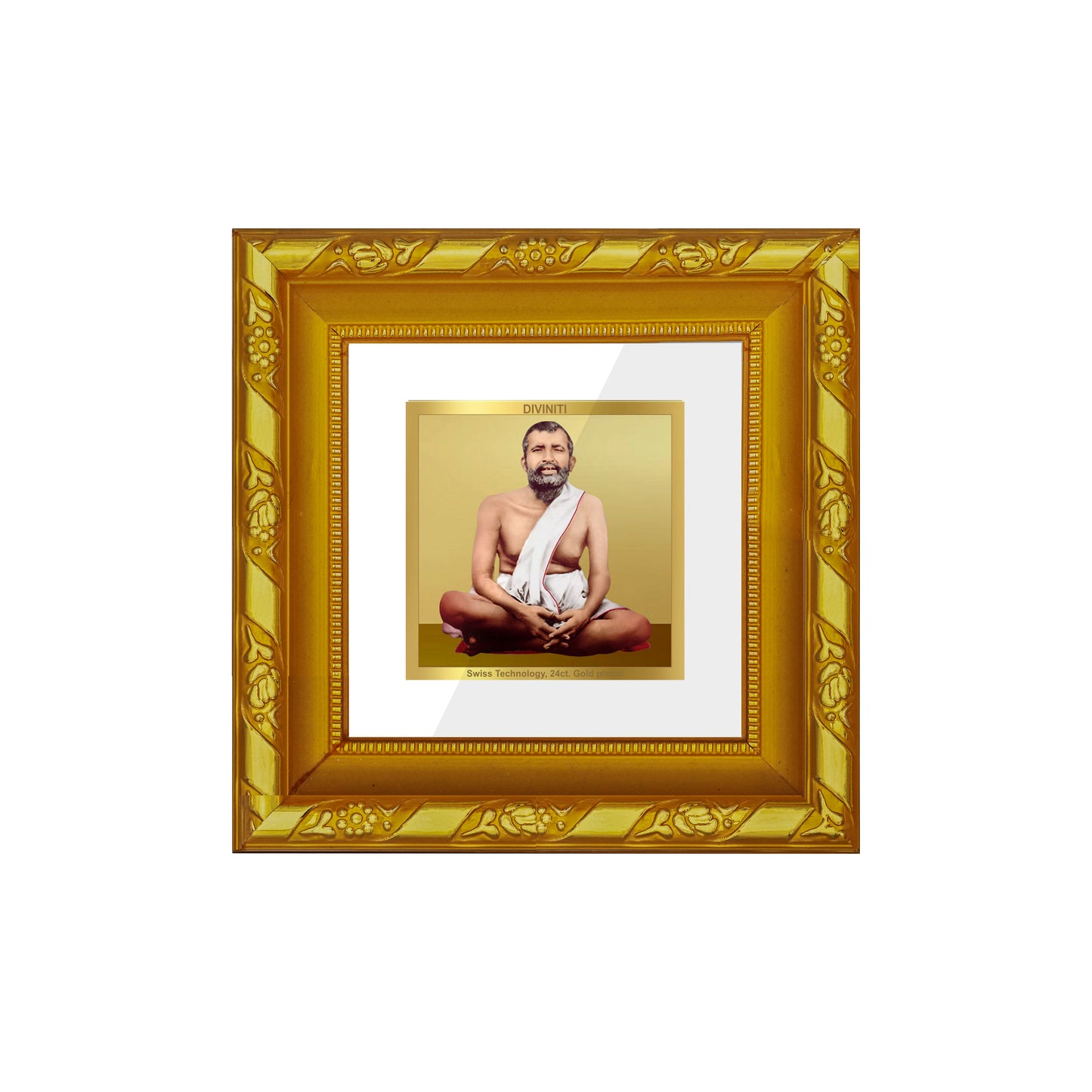 DIVINITI 24K Gold Plated Ramakrishna Wooden Wall Photo Frame Idol for Wall Hanging, Table Top, Home Decor, Workshop, Gifts | DG103S1A (10x10 CM)