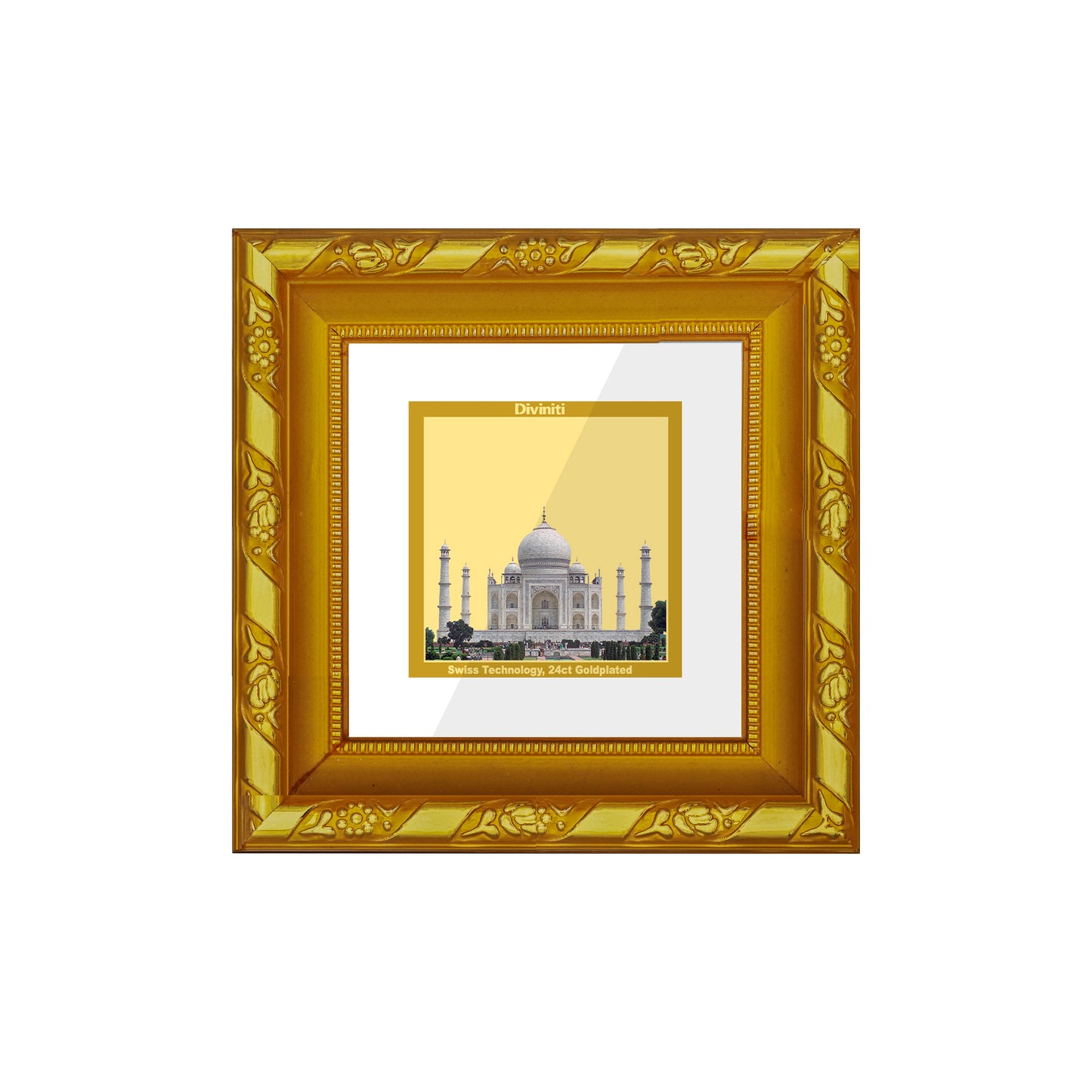 DIVINITI 24K Gold Plated Taj Mahal Wooden Stylish Wall Photo Frame Idol for Table Top, Home & Office Decor, Workshop, Luxury Gifts | DG103S1A (10x10 CM)