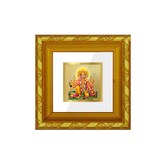 DIVINITI 24K Gold Plated Panchmukhi Hanuman Wooden Elegant Photo Frame Idol for Wall Hanging, Puja Room, Home Decor, Workshop, Gifts | DG103S1A (10x10 CM)