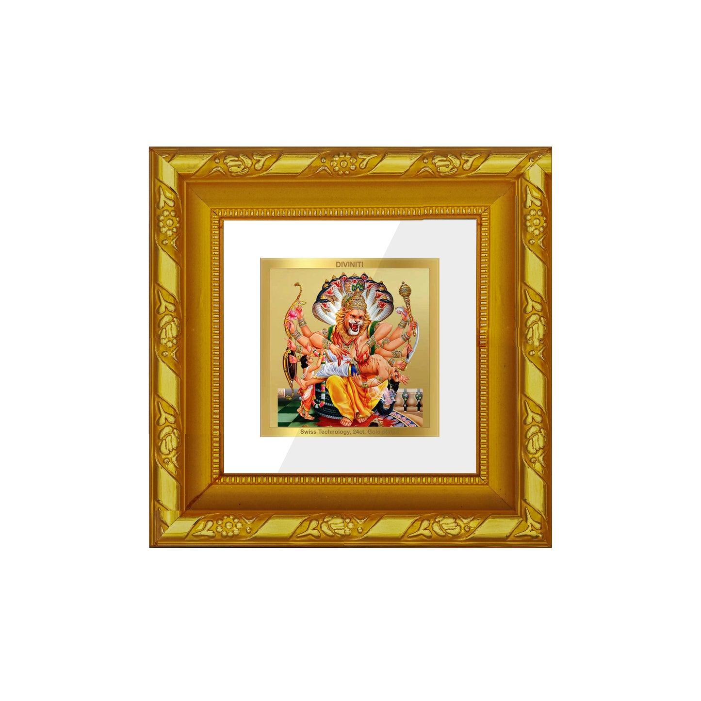 DIVINITI 24K Gold Plated Foil Narsimha Traditional Wall Photo Frame Idol for Workshop, Puja Room, Home Decor, Luxury Gifts | DG103S1A (10x10 CM)