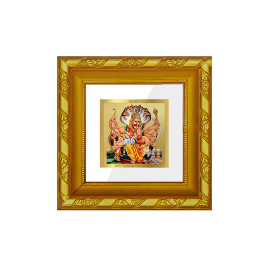 DIVINITI 24K Gold Plated Foil Narsimha Wooden Traditional Wall Photo Frame Idol for Workshop, Puja Room, Home Decor, Luxury Gifts | DG103S1A (10x10 CM)