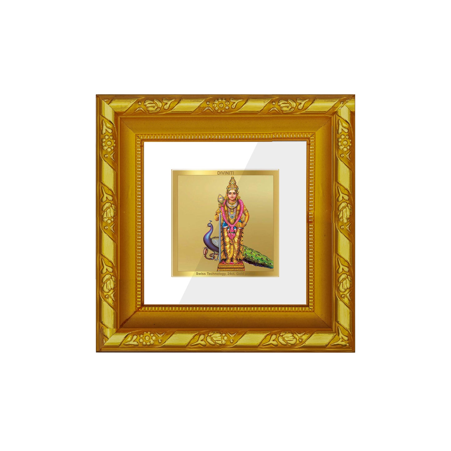 DIVINITI 24K Gold Plated Foil Goddess Murugan Exquisite Wall Photo Frame Idol for Workshop, Table Top, Home Decor, Gifts | DG103S1A (10x10 CM)