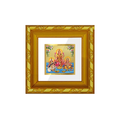 DIVINITI 24K Gold Plated Foil Laxmi Ganesha Saraswati Wooden Wall Photo Frame Idol for Home Decor, Puja Room, Table Top, Workshop, Gifts | DG103S1A (10x10 CM)