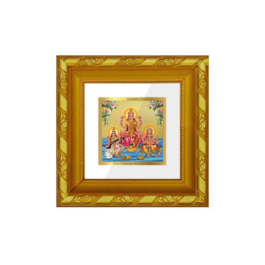 DIVINITI 24K Gold Plated Foil Laxmi Ganesha Saraswati Wall Photo Frame Idol for Home Decor, Puja Room, Table Top, Workshop, Gifts | DG103S1A (10x10 CM)