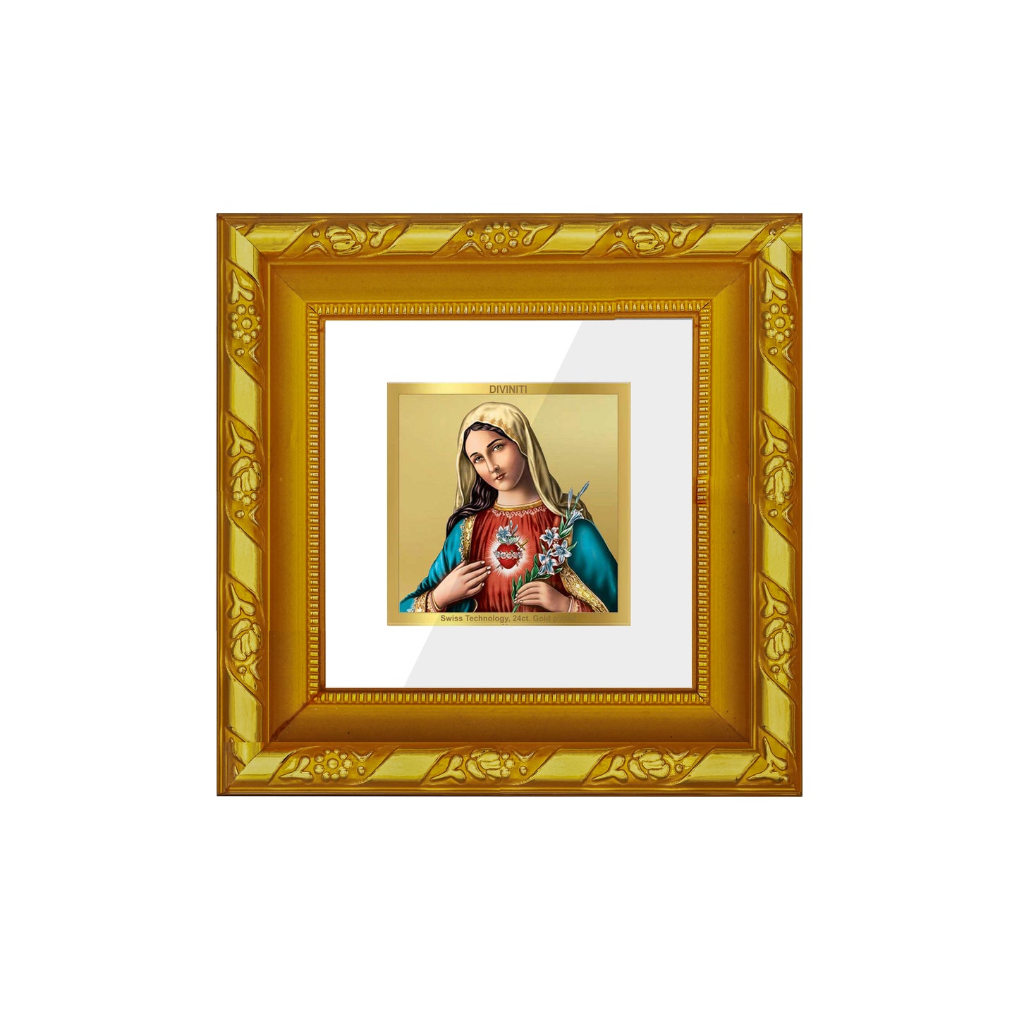 DIVINITI 24K Gold Plated Foil Mother Mary Wooden Elegant Photo Frame Idol for Home & Office Wall Decor, Workshop, Puja Room, Table Top, Gifts | DG103S1A (10x10 CM)