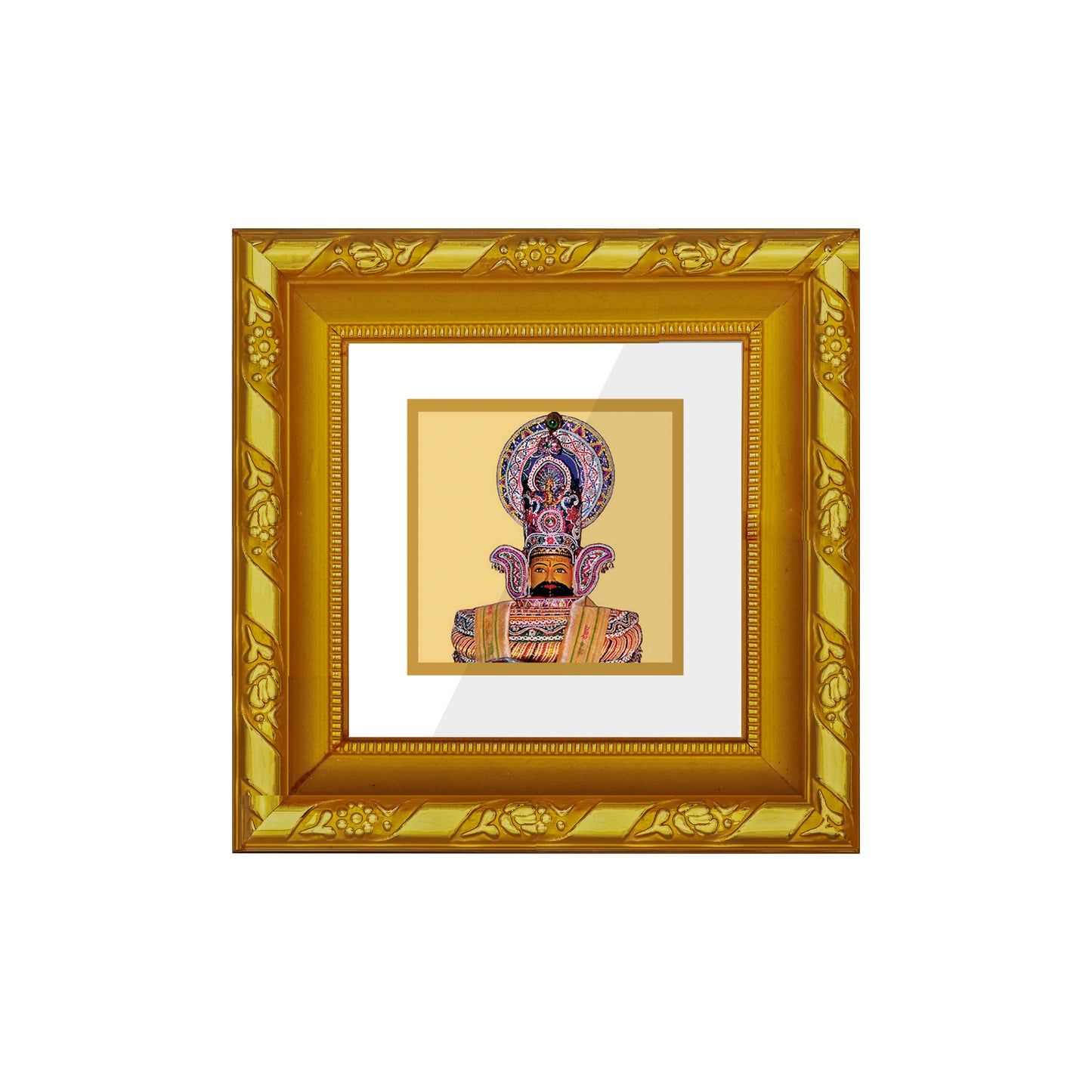 DIVINITI 24K Gold Plated Foil Khatu Shyam Wooden Modern Photo Frame Idol for Wall Hanging, Prayer, Home & Office Decor, Workshop, Gifts | DG103S1A (10x10 CM)