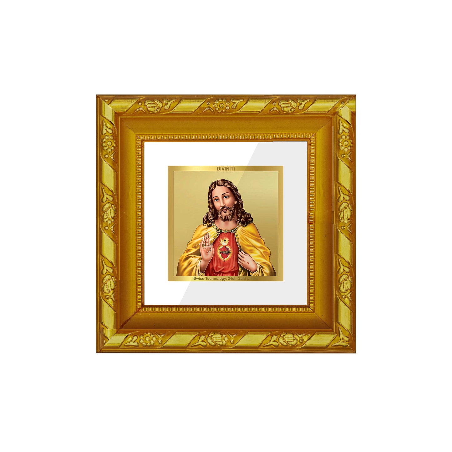 DIVINITI 24K Gold Plated Foil Jesus Christ Wooden Premium Wall Photo Frame Idol for Home Decor, Prayer, Workshop, Table Top, Gifts | DG103S1A (10x10 CM)