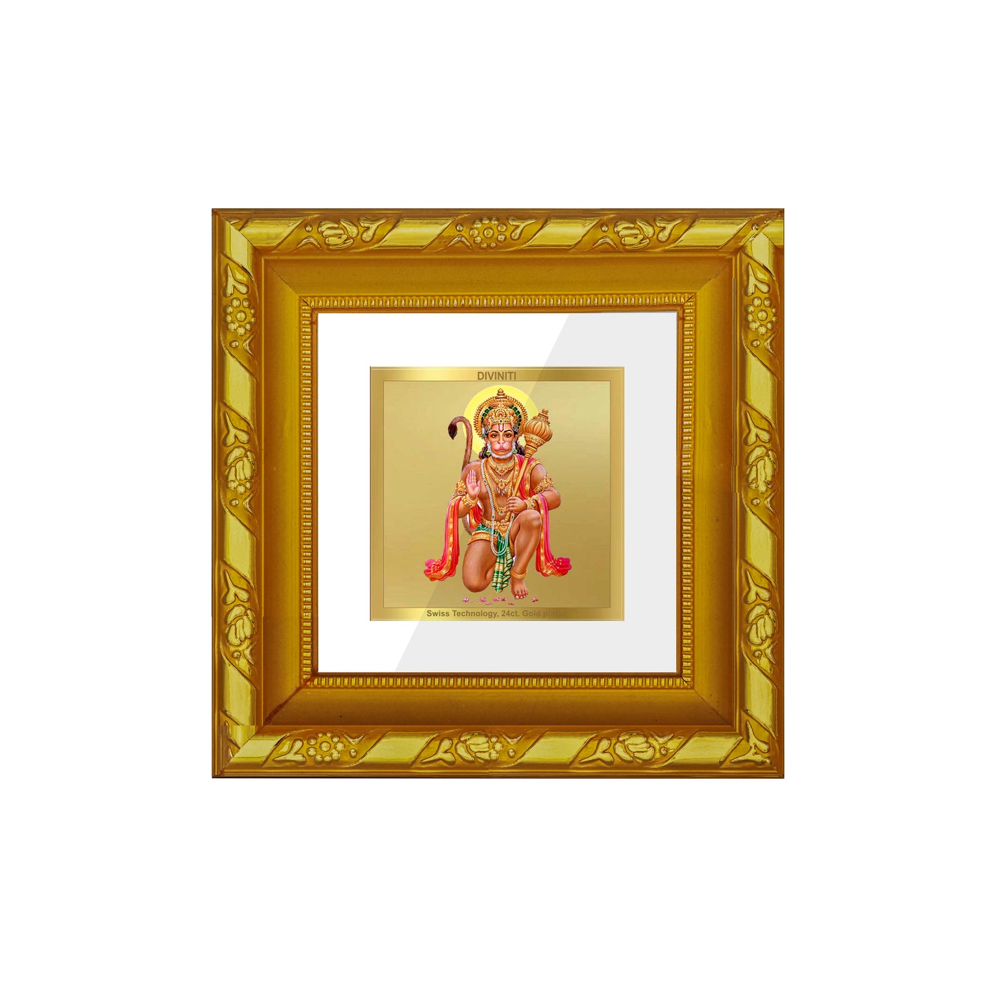 DIVINITI 24K Gold Plated Foil Lord Hanuman Wooden Modern Photo Frame Idol for Workshop, Table Top, Home Decor, Puja Room, Gifts | DG103S1A (10x10 CM)