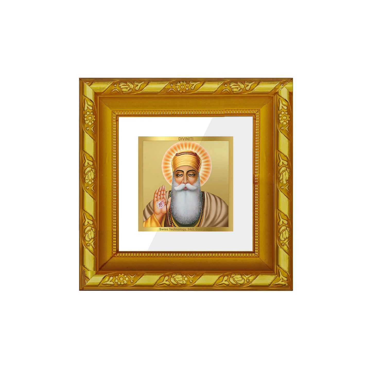 DIVINITI 24K Gold Plated Foil Guru Nanak Wooden Exquisite Photo Frame Idol for Table Top, Home Wall Decor, Workshop, Premium, Gifts | DG103S1A (10x10 CM)