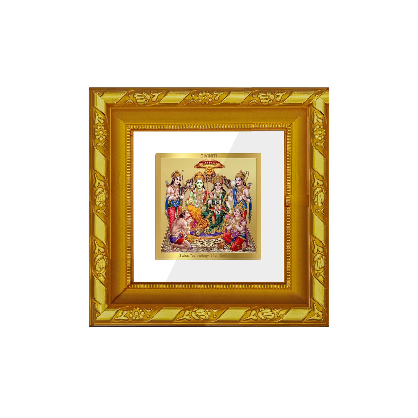 DIVINITI 24K Gold Plated Lord Ram Darbar Wooden Photo Frame Idol for Home & Office Wall Decor, Puja Room, Luxury Gifts | DG103S1A (10x10 CM)