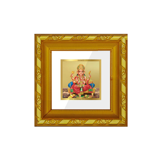 DIVINITI 24K Gold Plated Foil Lord Ganesha Wooden Luxurious Wall Photo Frame Idol for Workshop, Table Top, Home Decor, Puja Room, Gifts | DG103S1A (10x10 CM)