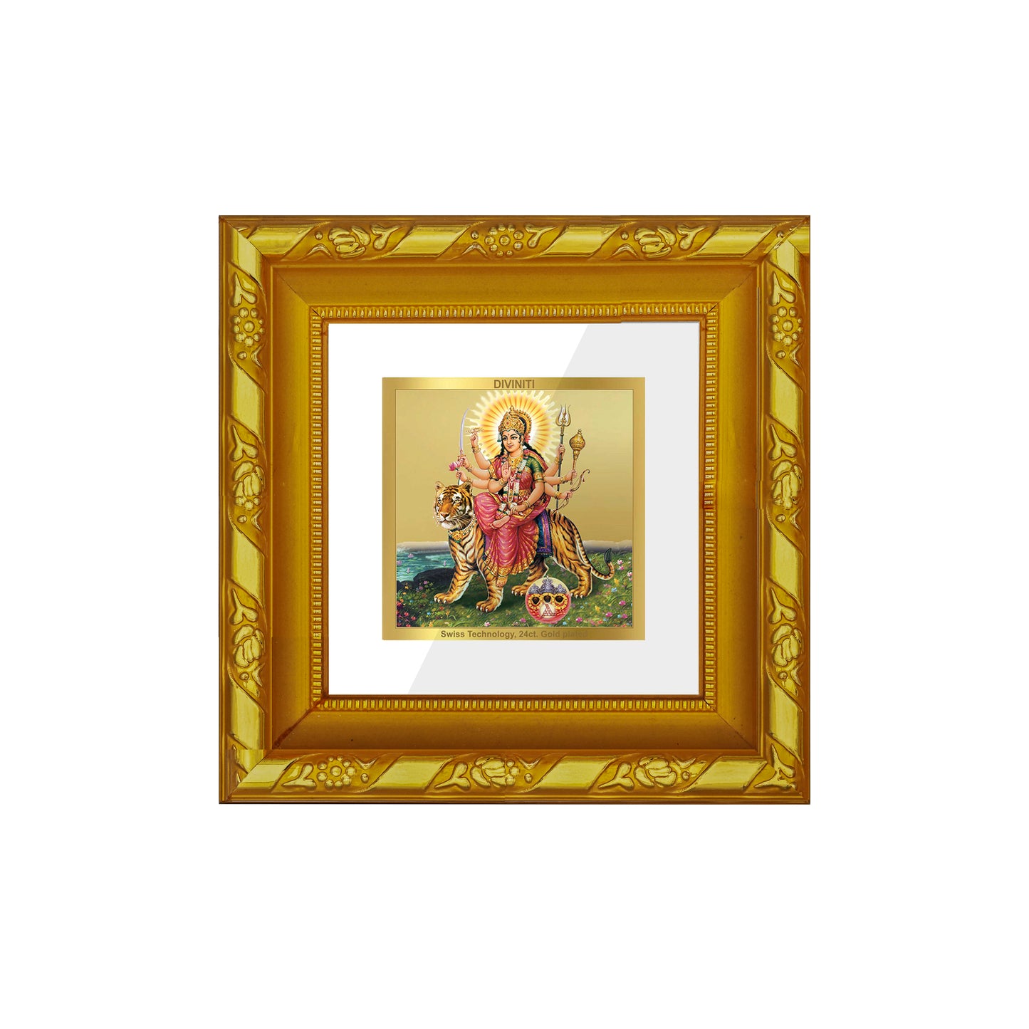 DIVINITI 24K Gold Plated Foil Goddess Durga Mata Classic Photo Frame Idol for Home & Office Wall Decor, Table Top, Puja Room, Gifts|DG103S1A (10x10 CM)