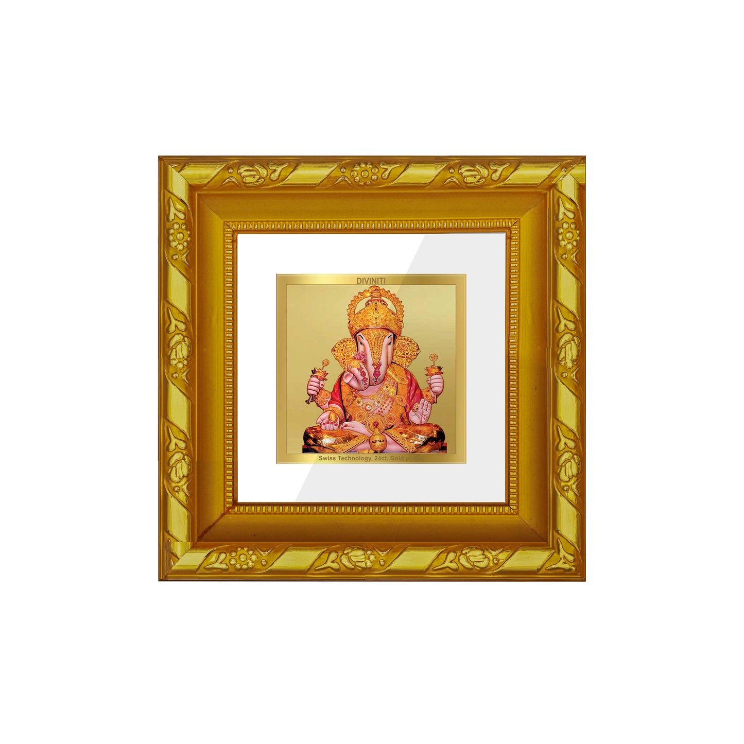 DIVINITI 24K Gold Plated Foil Dagdu Ganesh Wooden Classic Wall Photo Frame Idol for Puja Room, Home Decor, Table Top, Gifts | DG103S1A (10x10 CM)