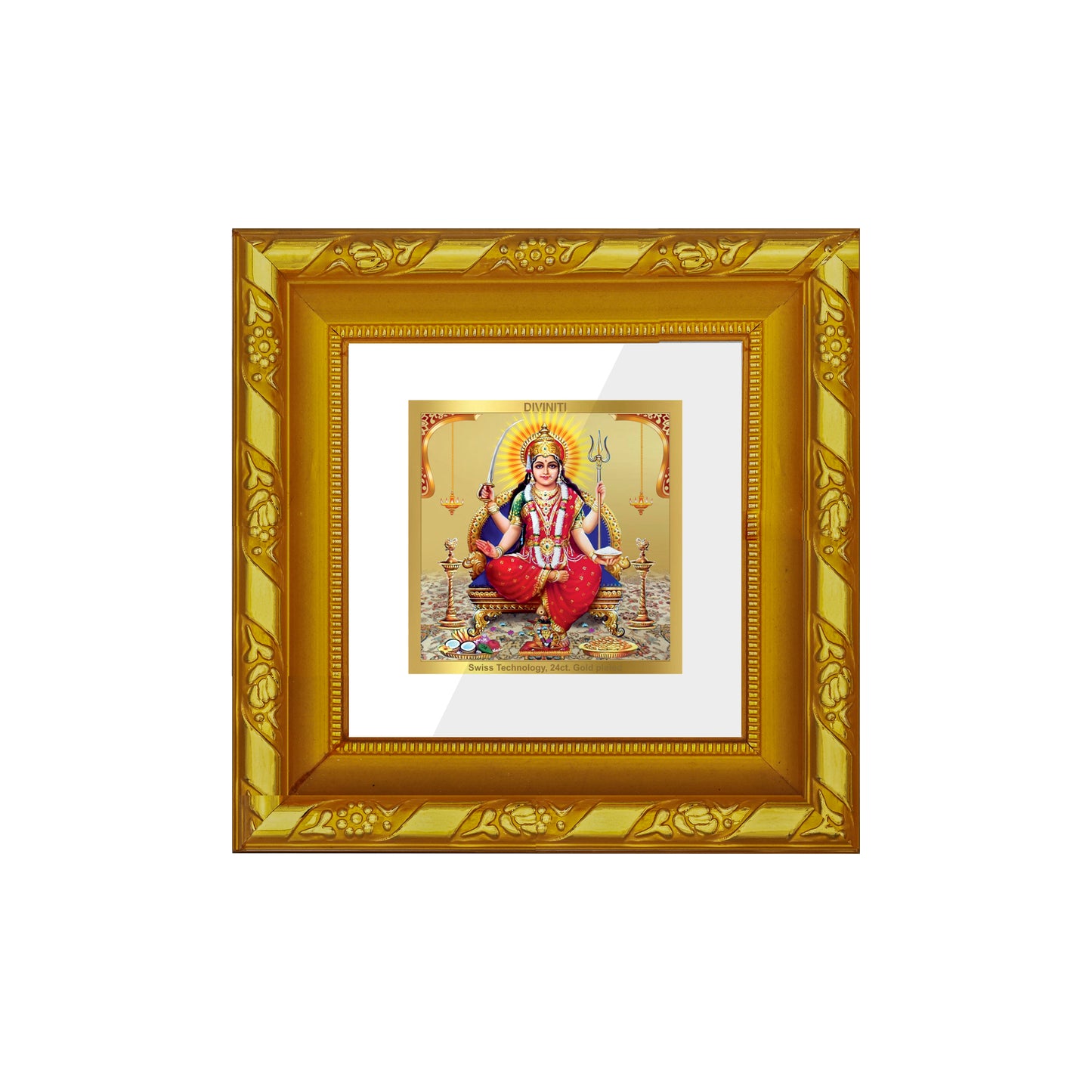 DIVINITI 24K Gold Plated Santoshi Mata Wooden Photo Frame Idol for Puja Room, Wall Hanging, Table Top, Home Decor, Workshop, Gifts | DG103S1A (10x10 CM)