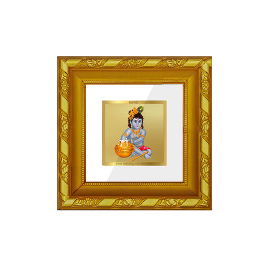 DIVINITI 24K Gold Plated Foil Bal Gopal Wooden Stylish Photo Frame Idol for Wall Hanging, Home Decor, Workshop, Table Top, Premium Gifts | DG103S1A (10x10 CM)