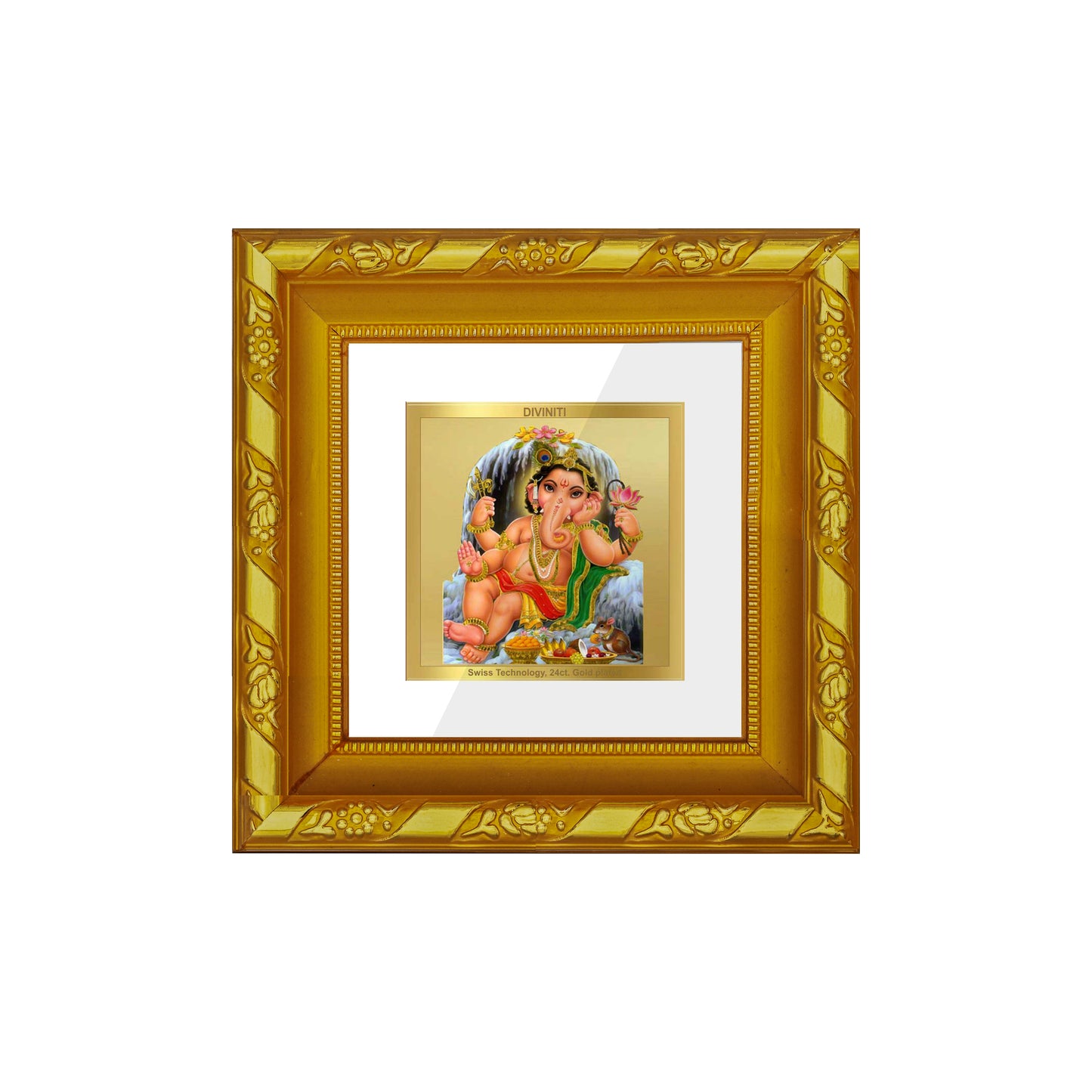 DIVINITI 24K Gold Plated Foil Bal Ganesha Wall Photo Frame for Puja Room, Workshop, Home Decor, Table Top, Gifts|DG103S1A (10x10 CM)