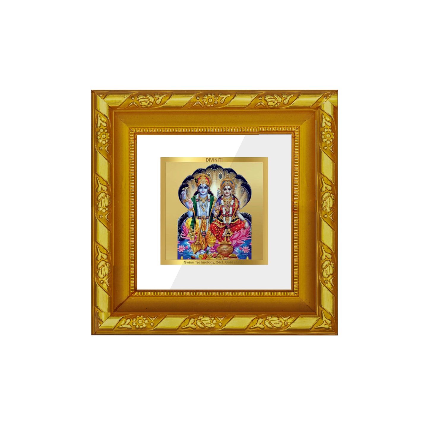 DIVINITI 24K Gold Plated Vishnu Lakshmi Wooden Wall Photo Frame Idol for Home Decor, Workshop, Puja Room, Table Top, Premium Gifts | DG103S1A (10x10 CM)