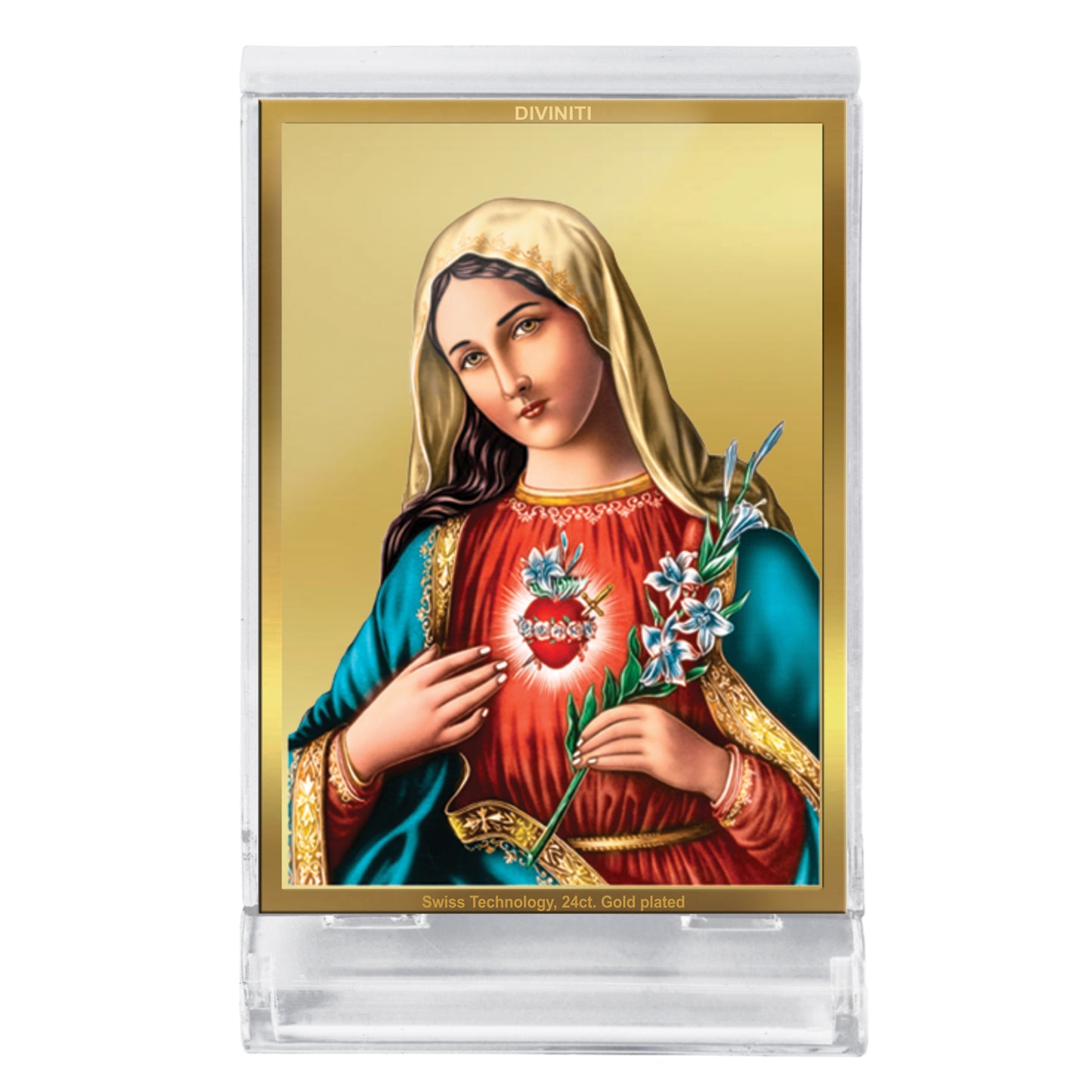 DIVINITI 24K Gold Plated Mother Mary Frame For Car Dashboard, Home Decor, Festival Gift (ACF 3)(11 x 6.8 CM)