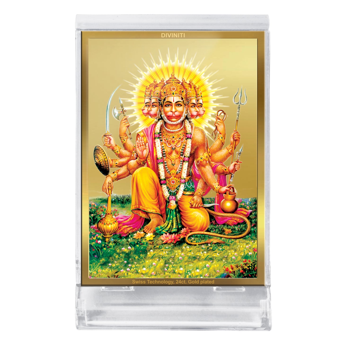 DIVINITI 24K Gold Plated Lord Panchmukhi Hanuman Frame For Car Dashboard, Home Decor, Tabletop, Puja Room, Gift (ACF 3)(11 x 6.8 CM)