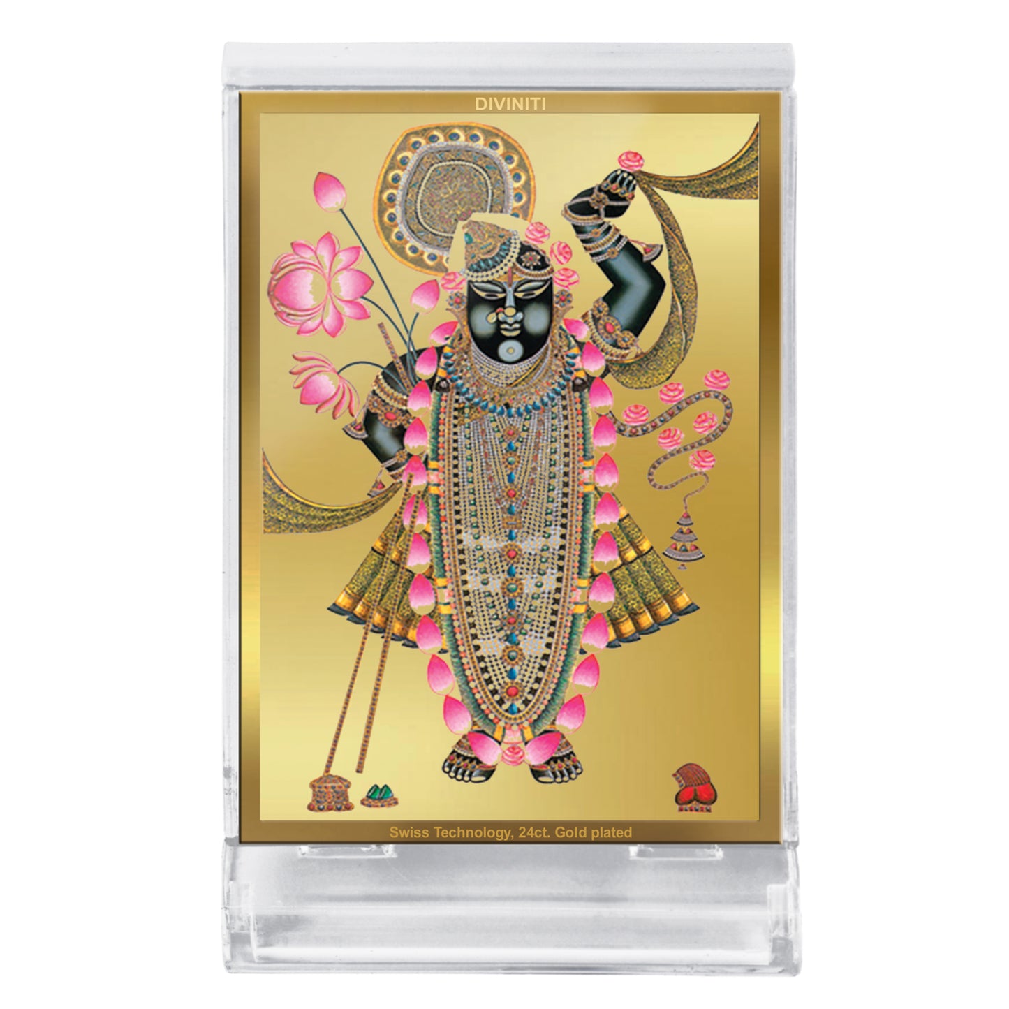 Diviniti 24K Gold Plated Srinathji Frame For Car Dashboard, Home Decor, Tabletop, Puja and Gift (11 x 6.8 CM)