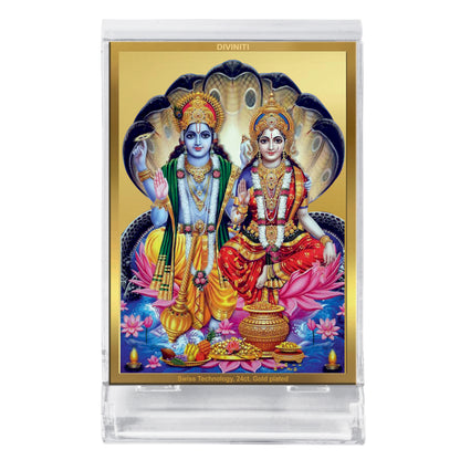 Diviniti 24K Gold Plated Vishnu Lakshmi Ji Frame For Car Dashboard, Home Decor, Tabletop, Puja Room, Gift (11 x 6.8 CM)